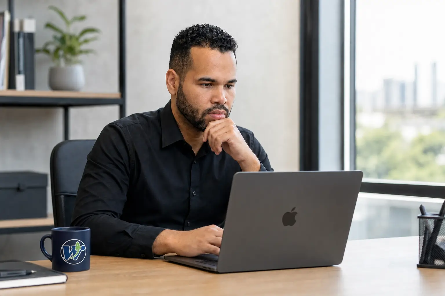 Maxwel Lopes, da WebMaxi, em seu escritório ao lado do computador
