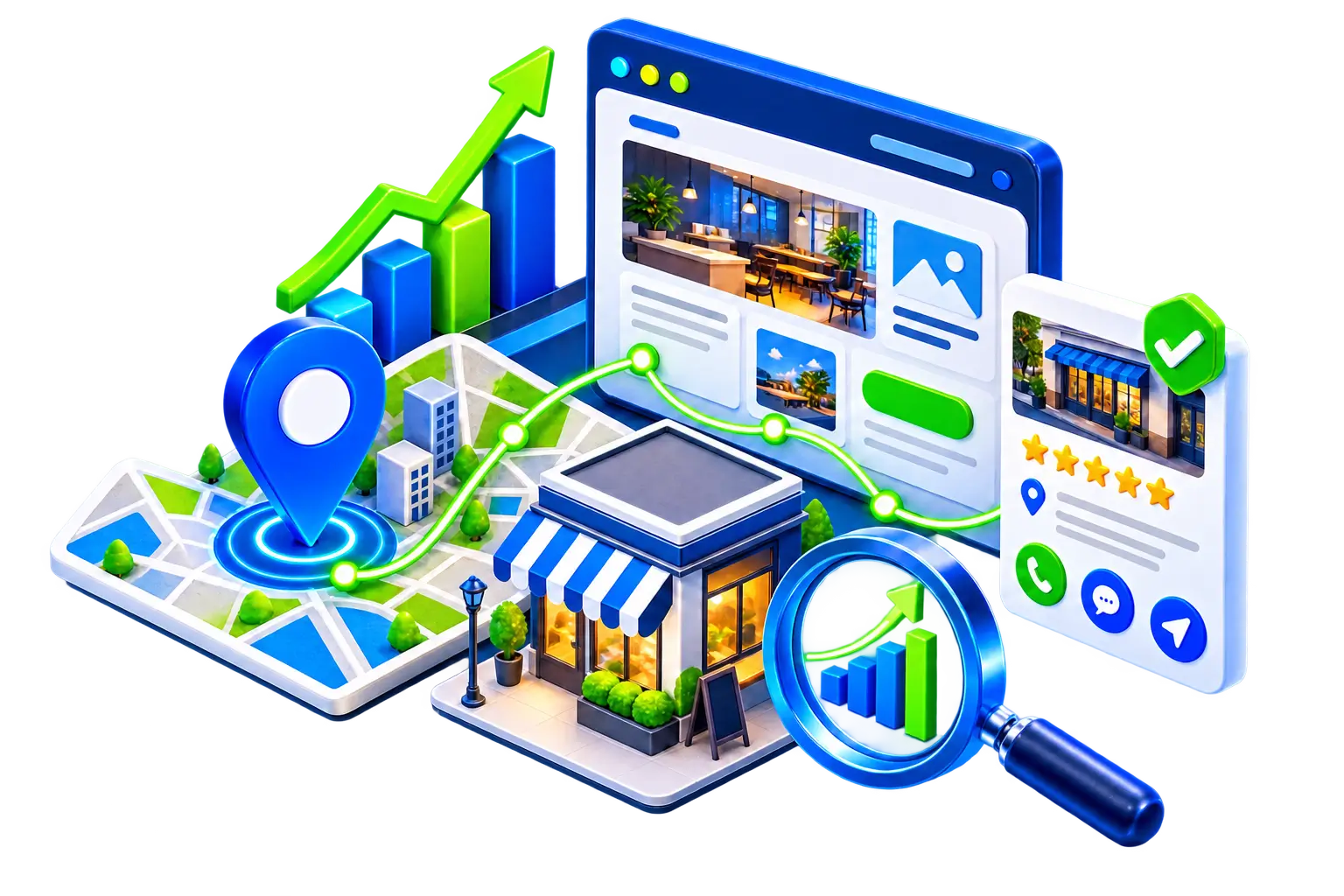 Ilustração de Google Perfil da Empresa, site, SEO, conteúdo e autoridade conectados para uma presença digital integrada