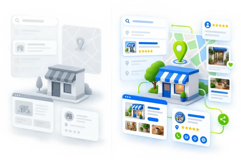 Comparação visual entre presença digital pouco estruturada e presença local organizada