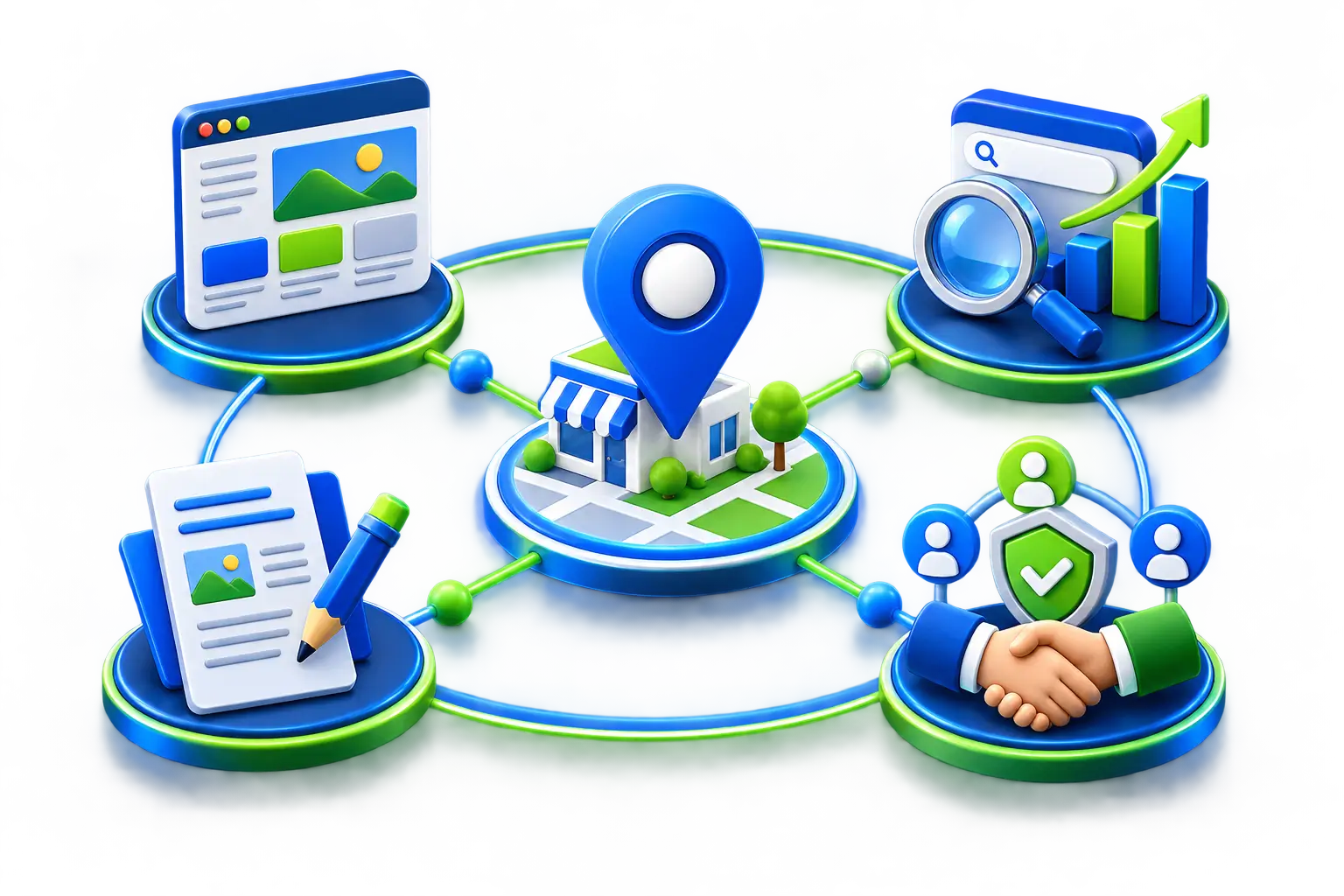 Ilustração do perfil local, site, SEO, conteúdo e autoridade trabalhando de forma conectada