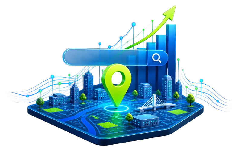 Representação visual de busca local, mapa e crescimento da presença da empresa no Google